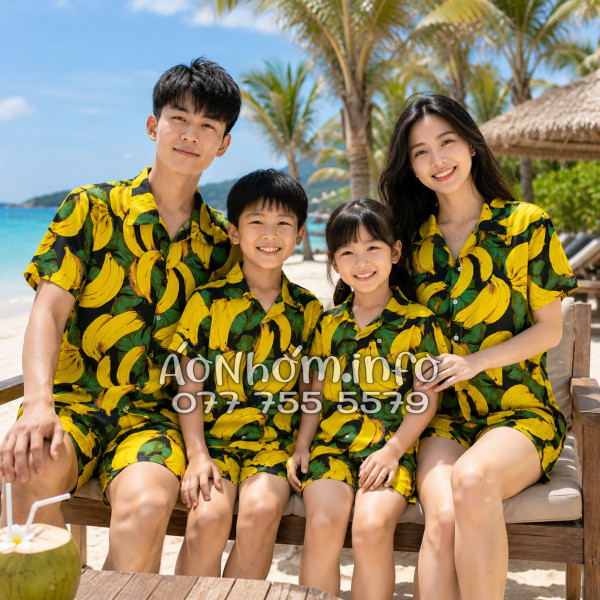 Bộ Áo Sơ Mi Quần Short Nhóm Đi Biển Họa Tiết Chuối Vàng Nền Đen