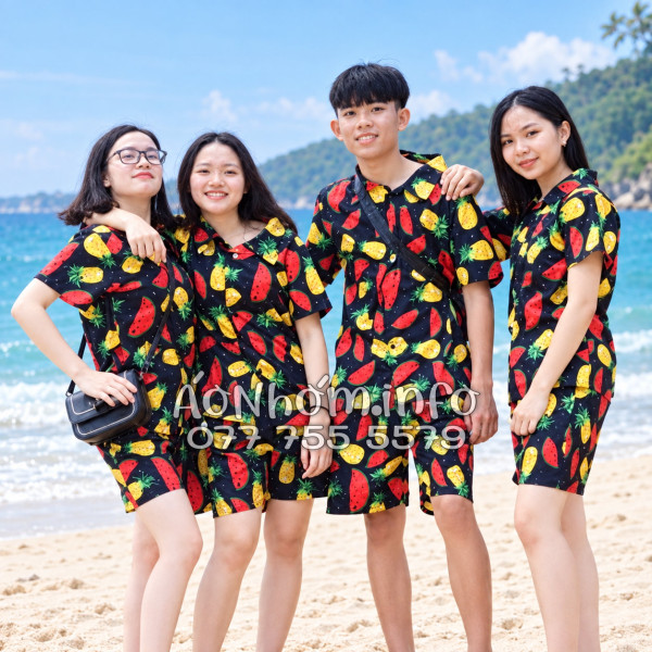 Bộ Áo Sơ Mi Quần Short Nhóm Đi Biển Họa Tiết Thơm Dưa Hấu Nền Đen