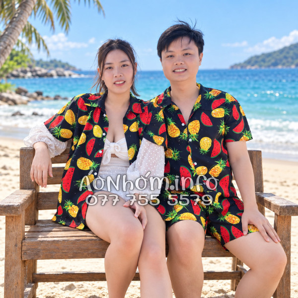 Bộ Áo Sơ Mi Quần Short Nhóm Đi Biển Họa Tiết Thơm Dưa Hấu Nền Đen