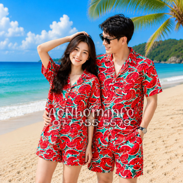 Bộ Áo Quần Nhóm Đi Biển Họa Tiết Dưa Hấu Đỏ Tropical