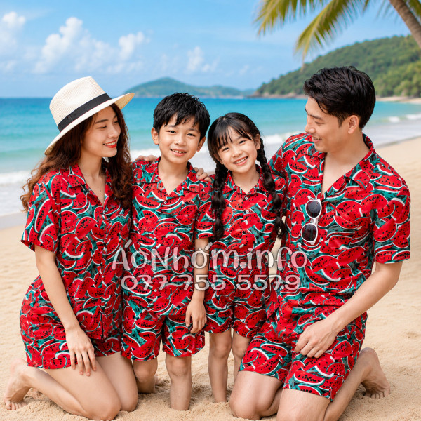 Bộ Áo Quần Nhóm Đi Biển Họa Tiết Dưa Hấu Đỏ Tropical