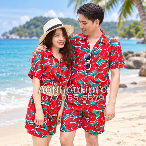 Bộ Áo Quần Nhóm Đi Biển Họa Tiết Dưa Hấu Đỏ Tropical