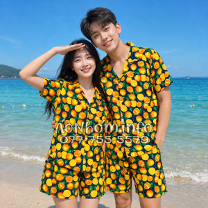 Bộ Áo Quần Nhóm Đi Biển Họa Tiết Cam Vàng Nền Đen Tropical
