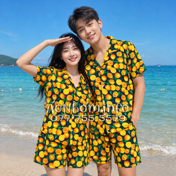 Bộ Áo Quần Nhóm Đi Biển Họa Tiết Cam Vàng Nền Đen Tropical