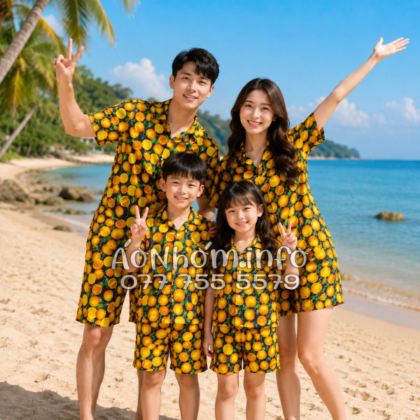Bộ Áo Quần Nhóm Đi Biển Họa Tiết Cam Vàng Nền Đen Tropical