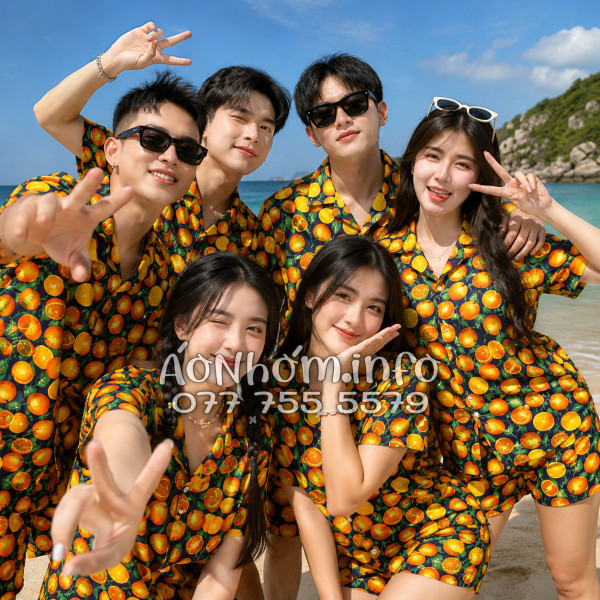 Bộ Áo Quần Nhóm Đi Biển Họa Tiết Cam Vàng Nền Đen Tropical