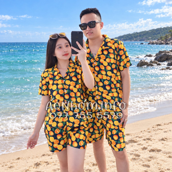 Bộ Áo Quần Nhóm Đi Biển Họa Tiết Cam Vàng Nền Đen Tropical