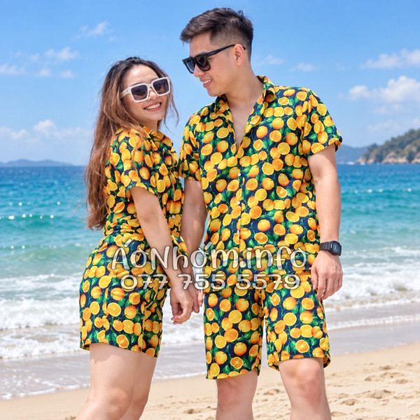 Bộ Áo Quần Nhóm Đi Biển Họa Tiết Cam Vàng Nền Đen Tropical
