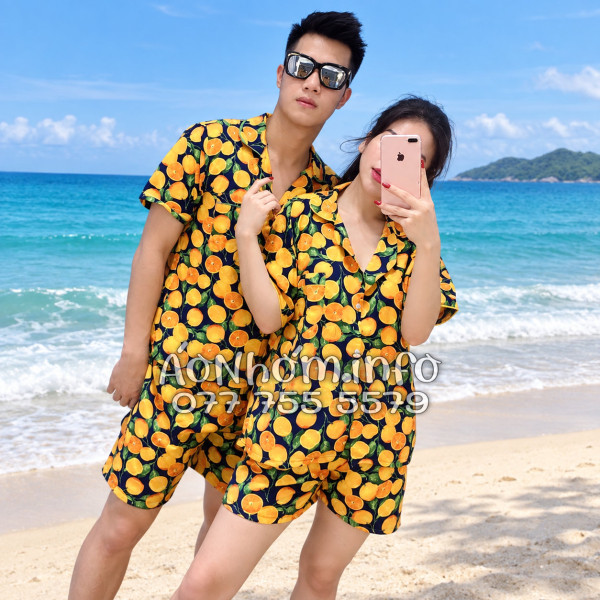 Bộ Áo Quần Nhóm Đi Biển Họa Tiết Cam Vàng Nền Đen Tropical