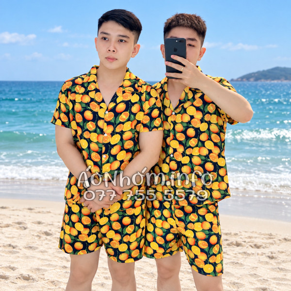 Bộ Áo Quần Nhóm Đi Biển Họa Tiết Cam Vàng Nền Đen Tropical