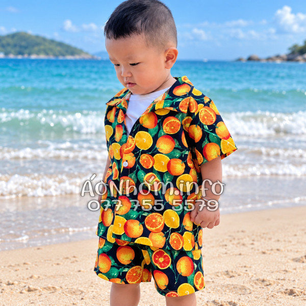 Bộ Áo Quần Nhóm Đi Biển Họa Tiết Cam Vàng Nền Đen Tropical