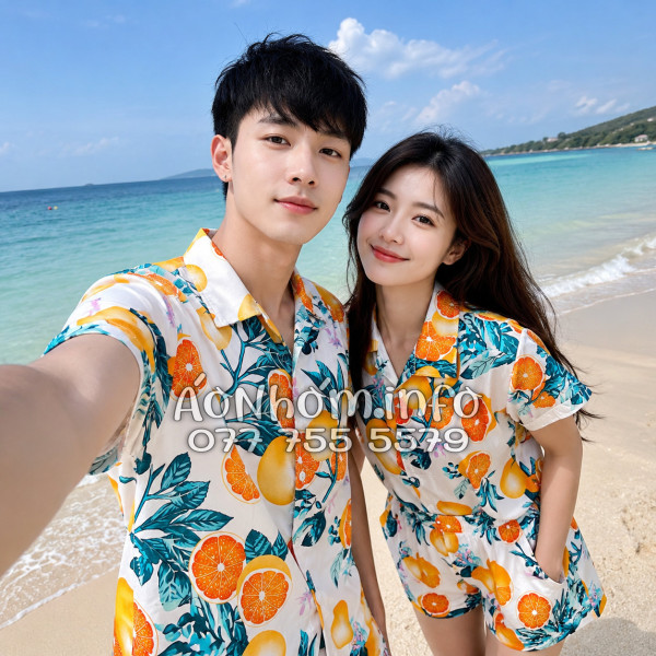 Bộ Áo Quần Nhóm Đi Biển Họa Tiết Cam Vàng Nền Trắng Tropical