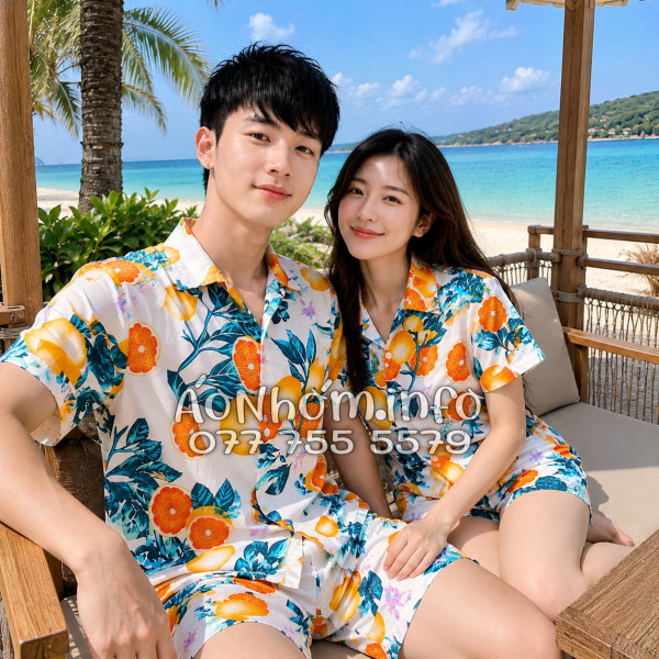 Bộ Áo Quần Nhóm Đi Biển Họa Tiết Cam Vàng Nền Trắng Tropical