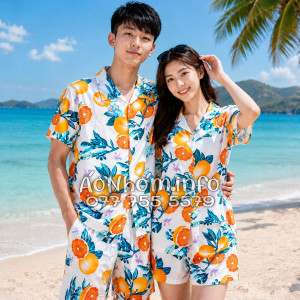 Bộ Áo Quần Nhóm Đi Biển Họa Tiết Cam Vàng Nền Trắng Tropical