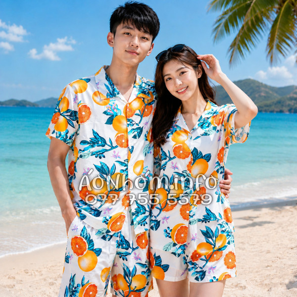 Bộ Áo Quần Nhóm Đi Biển Họa Tiết Cam Vàng Nền Trắng Tropical