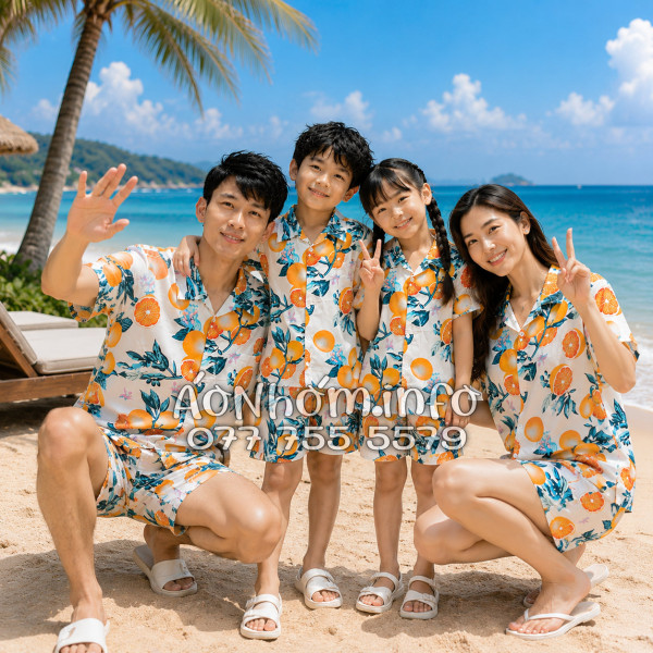 Bộ Áo Quần Nhóm Đi Biển Họa Tiết Cam Vàng Nền Trắng Tropical