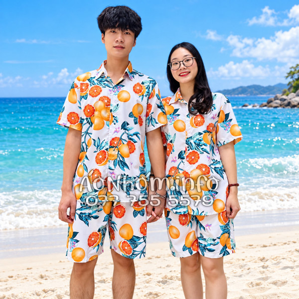 Bộ Áo Quần Nhóm Đi Biển Họa Tiết Cam Vàng Nền Trắng Tropical