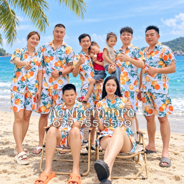 Bộ Áo Quần Nhóm Đi Biển Họa Tiết Cam Vàng Nền Trắng Tropical
