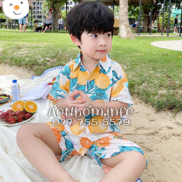 Bộ Áo Quần Nhóm Đi Biển Họa Tiết Cam Vàng Nền Trắng Tropical