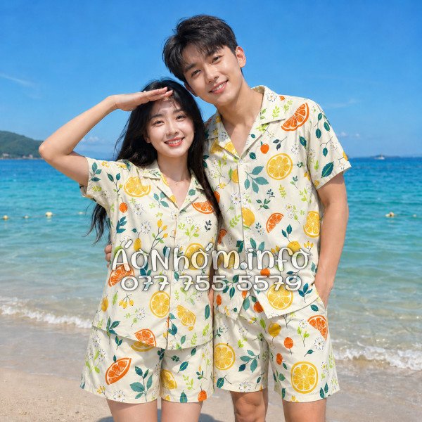 Bộ Áo Quần Nhóm Đi Biển Trái Cam Vàng Nhạt Tropical