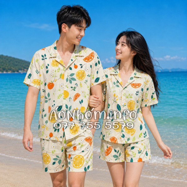 Bộ Áo Quần Nhóm Đi Biển Trái Cam Vàng Nhạt Tropical