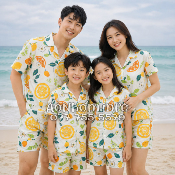 Bộ Áo Quần Nhóm Đi Biển Trái Cam Vàng Nhạt Tropical