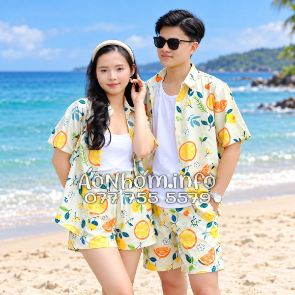 Bộ Áo Quần Nhóm Đi Biển Trái Cam Vàng Nhạt Tropical