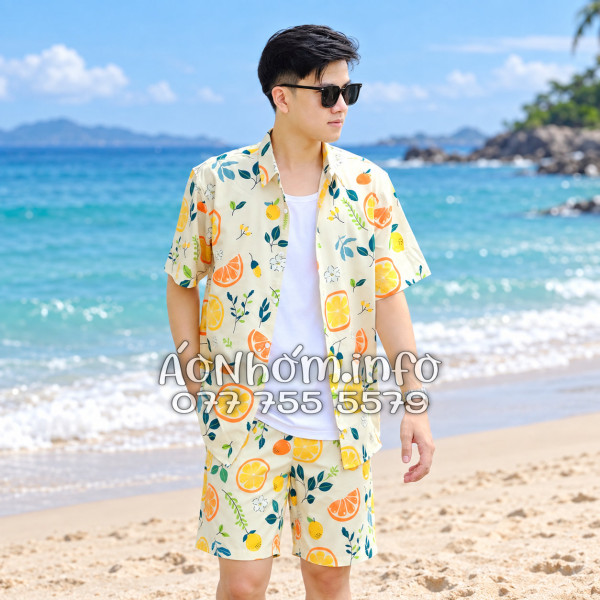 Bộ Áo Quần Nhóm Đi Biển Trái Cam Vàng Nhạt Tropical