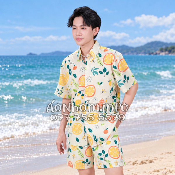 Bộ Áo Quần Nhóm Đi Biển Trái Cam Vàng Nhạt Tropical