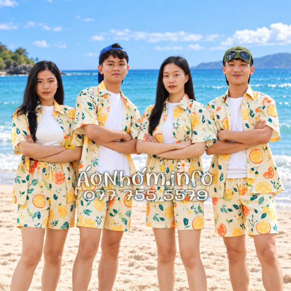 Bộ Áo Quần Nhóm Đi Biển Trái Cam Vàng Nhạt Tropical