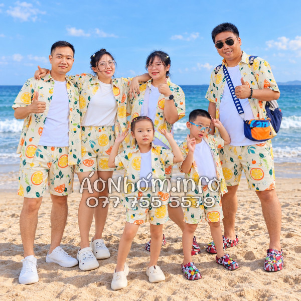 Bộ Áo Quần Nhóm Đi Biển Trái Cam Vàng Nhạt Tropical