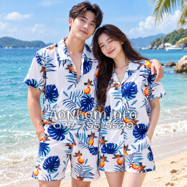 Bộ Áo Quần Nhóm Đi Biển Trái Đào Trắng Đậm Tropical