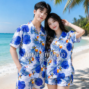 Bộ Áo Quần Nhóm Đi Biển Họa Tiết Trái Đào Trắng Tropical