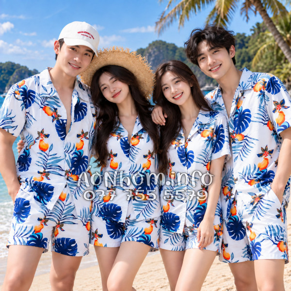 Bộ Áo Quần Nhóm Đi Biển Trái Đào Trắng Đậm Tropical