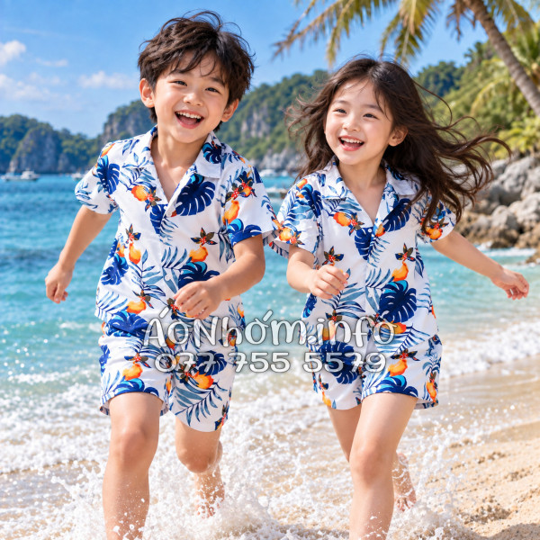 Bộ Áo Quần Nhóm Đi Biển Trái Đào Trắng Đậm Tropical