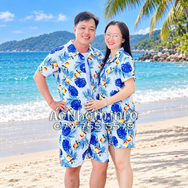 Bộ Áo Quần Nhóm Đi Biển Họa Tiết Trái Đào Trắng Tropical