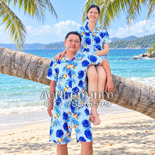 Bộ Áo Quần Nhóm Đi Biển Họa Tiết Trái Đào Trắng Tropical