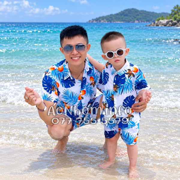 Bộ Áo Quần Nhóm Đi Biển Họa Tiết Trái Đào Trắng Tropical
