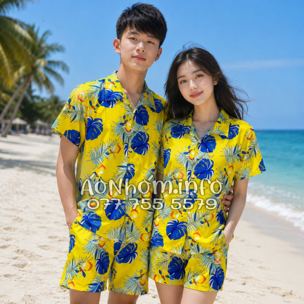 Bộ Áo Quần Nhóm Đi Biển Họa Tiết Trái Đào Vàng Tropical