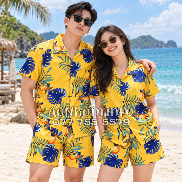 Bộ Áo Quần Nhóm Đi Biển Trái Đào Vàng Đậm Tropical