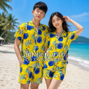 Bộ Áo Quần Nhóm Đi Biển Họa Tiết Trái Đào Vàng Tropical