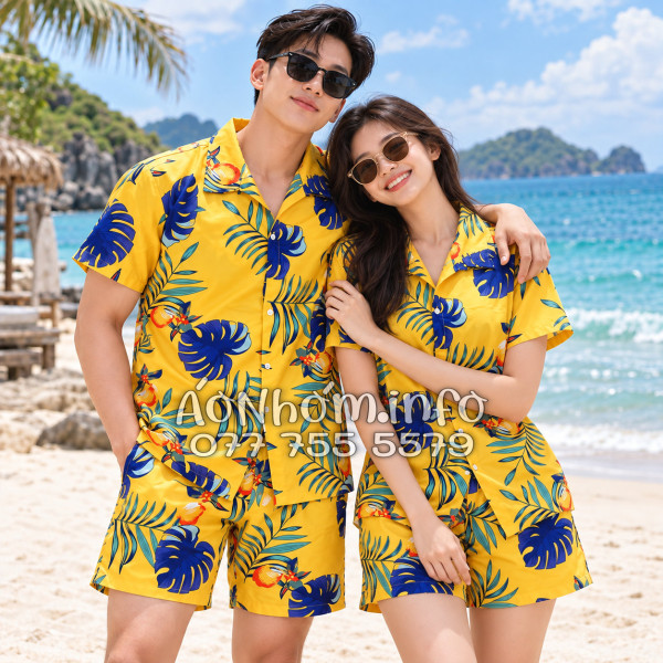 Bộ Áo Quần Nhóm Đi Biển Trái Đào Vàng Đậm Tropical