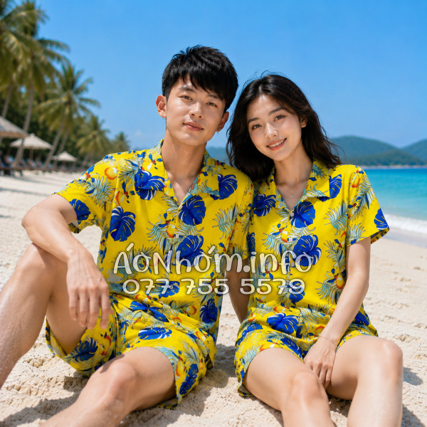 Bộ Áo Quần Nhóm Đi Biển Họa Tiết Trái Đào Vàng Tropical