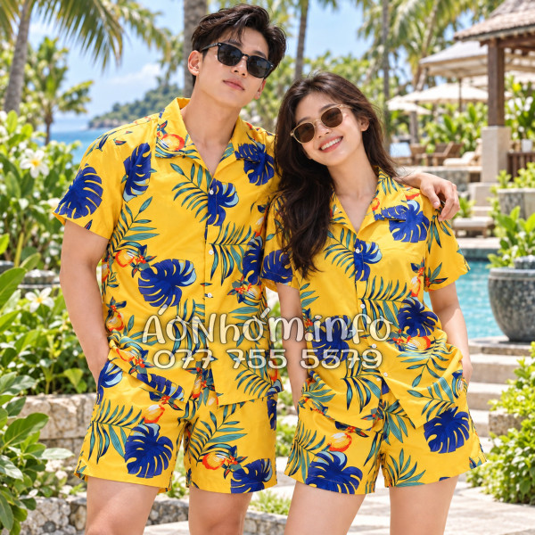 Bộ Áo Quần Nhóm Đi Biển Trái Đào Vàng Đậm Tropical