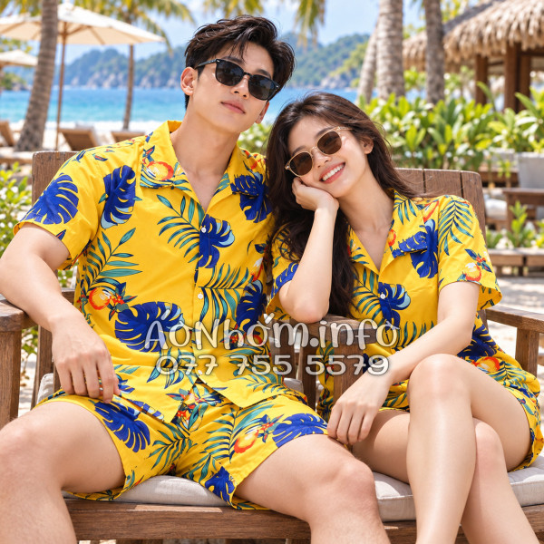 Bộ Áo Quần Nhóm Đi Biển Trái Đào Vàng Đậm Tropical