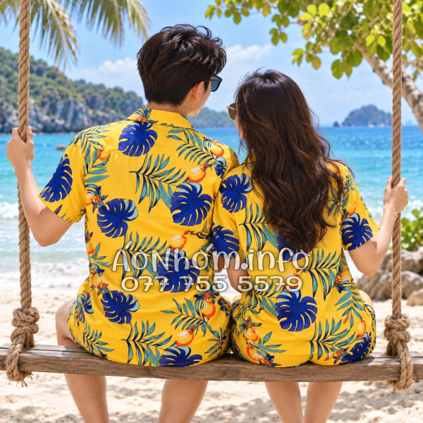 Bộ Áo Quần Nhóm Đi Biển Trái Đào Vàng Đậm Tropical