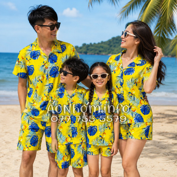 Bộ Áo Quần Nhóm Đi Biển Họa Tiết Trái Đào Vàng Tropical