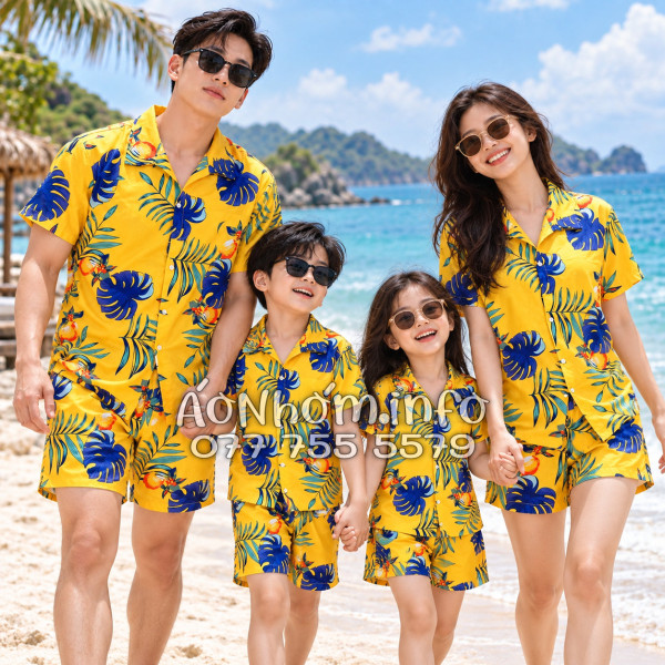 Bộ Áo Quần Nhóm Đi Biển Trái Đào Vàng Đậm Tropical