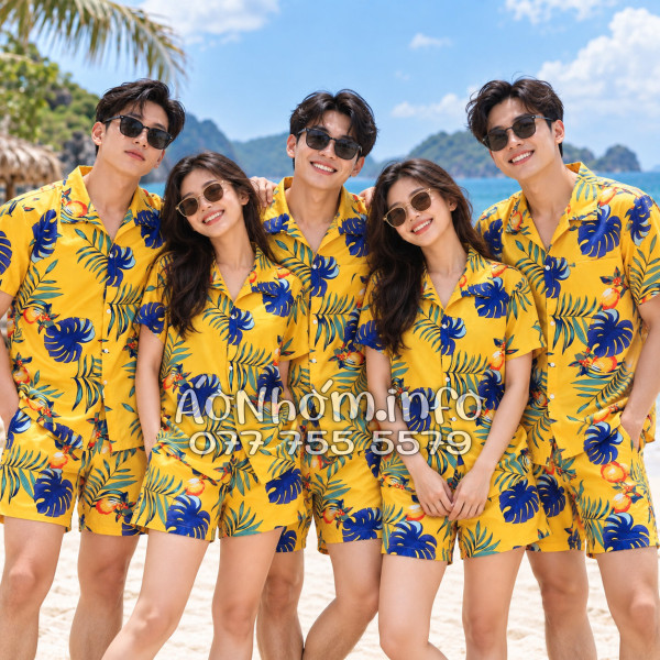 Bộ Áo Quần Nhóm Đi Biển Trái Đào Vàng Đậm Tropical