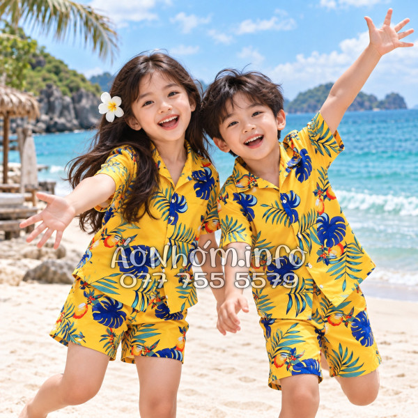 Bộ Áo Quần Nhóm Đi Biển Trái Đào Vàng Đậm Tropical